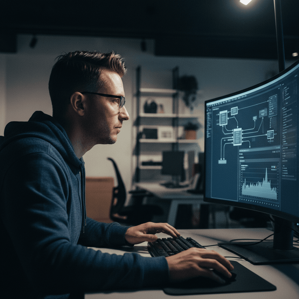 CTO reviewing technical architecture and infrastructure on monitor