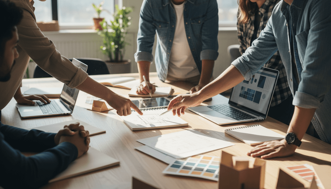 Team collaborating on technology strategy whiteboard
