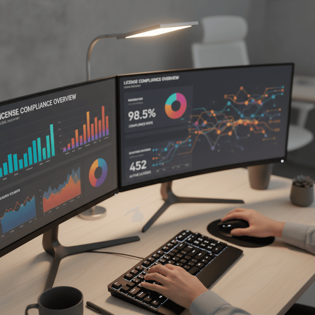 CTO reviewing technical infrastructure on multiple monitors